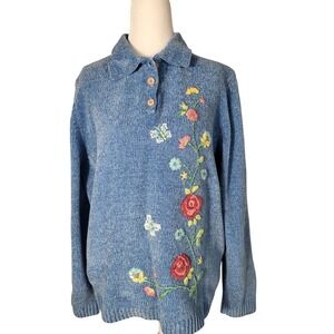 Vintage Alfred Dunner Long Sleeve Sweater Women's Size L Blue Wit Floral Print